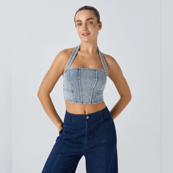 NWT Halara Halter Denim Crop Top Size Small - Picture 1 of 7